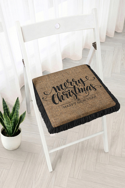 Realhomes Merry Christmas Written Straw Textured Fringed Zippered Chair Cushi...