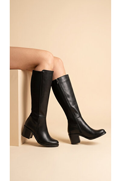 Moda Lime Women's Leather Look Zippered Black Long Boots