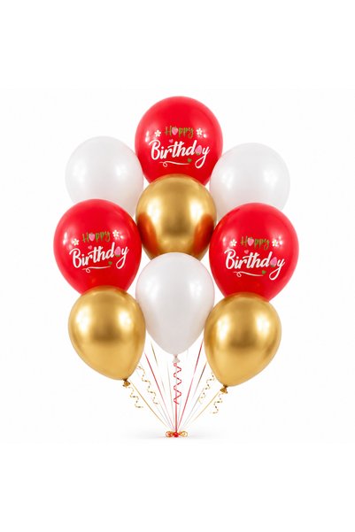 Ropet Set 10 Baloane Latex Rosu, Alb si Auriu, Happy Birthday, 30 cm,