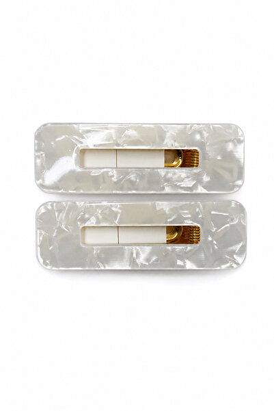 Jack Ferrero Patterned White Rectangular Hair Clip Set 2 Pieces Women's Acces...