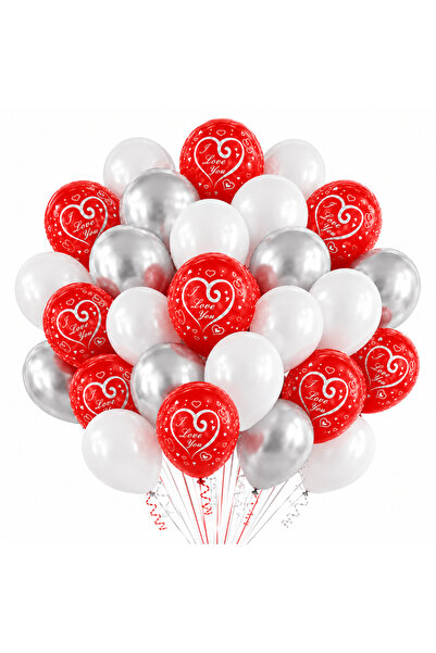 Ropet Set 100 Baloane Latex Rosu, Alb si Argintiu, I Love You, 30 cm,