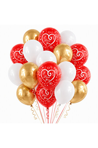 Ropet Set 25 Baloane Latex Rosu, Alb si Auriu, I Love You, 30 cm,