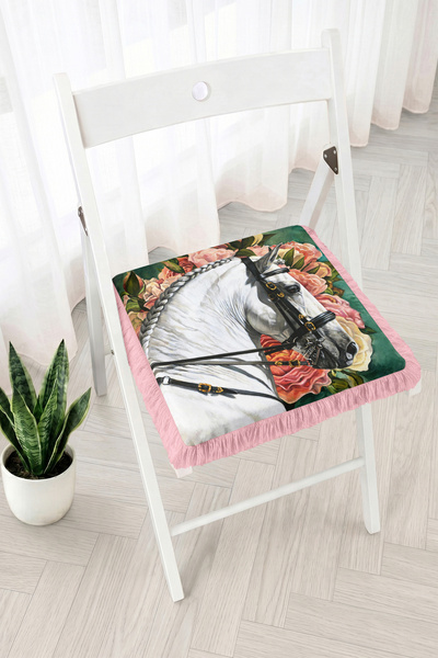 Realhomes White Horse and Roses Patterned Fringed Zippered Chair Cushion - Vi...