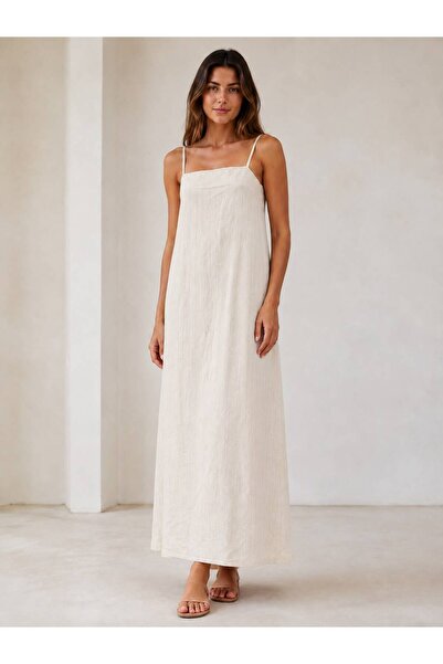 Nuevo Women's Blue Pinstripe Long Dress Thin Straps Square Neck Summer Maxi D...