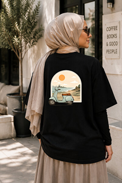 BAGAND Premium Coast and Retro Scooter Printed Oversize T-Shirt Vintage Sunse...