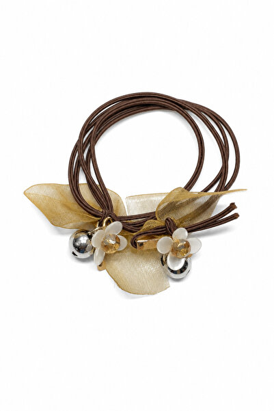 Jack Ferrero Brown Elastic Hair Tie with Flower and Bead Detail for Women and...