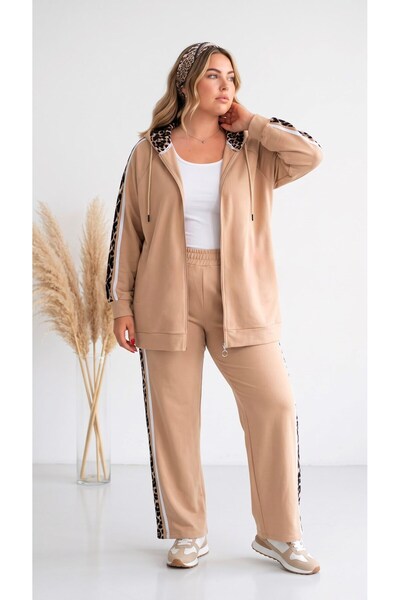 Koza Butik Women's Plus Size Long Sleeve Hooded Leopard Detailed Tracksuit Se...
