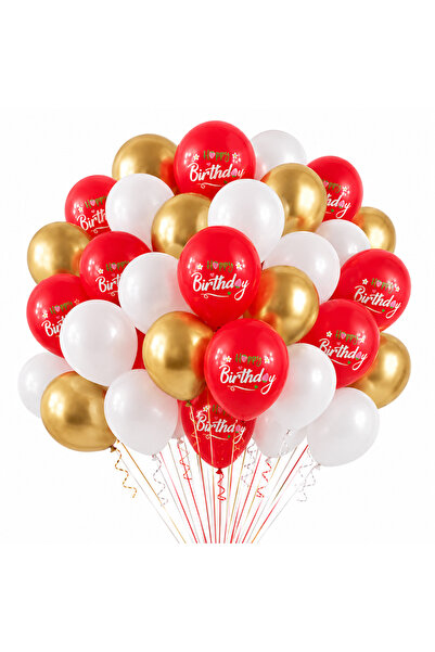 Ropet Set 50 Baloane Latex Rosu, Alb si Auriu, Happy Birthday, 30 cm,