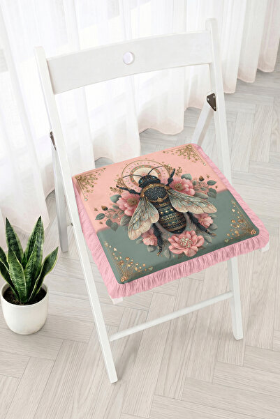 Realhomes Fringed Zippered Chair Cushion with Bee and Flower Motifs - Vintage...