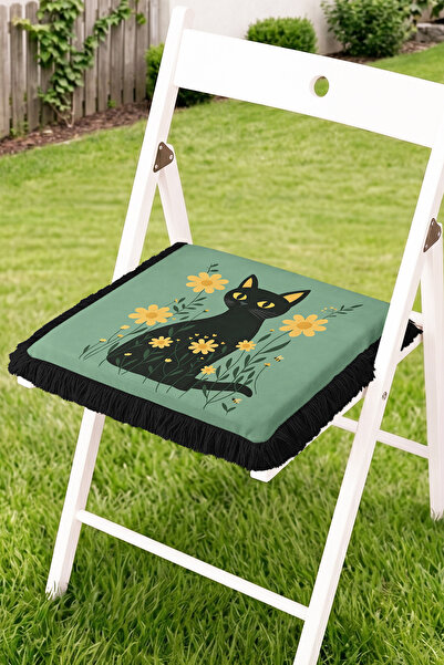 Realhomes Floral Black Cat Figured Fringed Zippered Chair Cushion - Tasseled ...