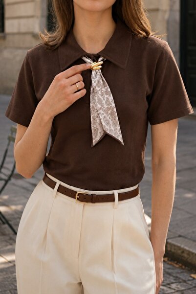 GIA - ART Women's Polo Collar T-Shirt with Satin Scarf Detail in Brown – 100%...