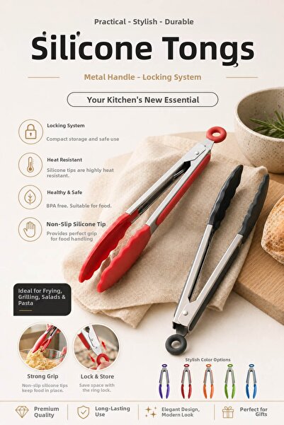 Anadolu Saray Silicone Tongs with Locking System |   Metal Handle Heat Resist...