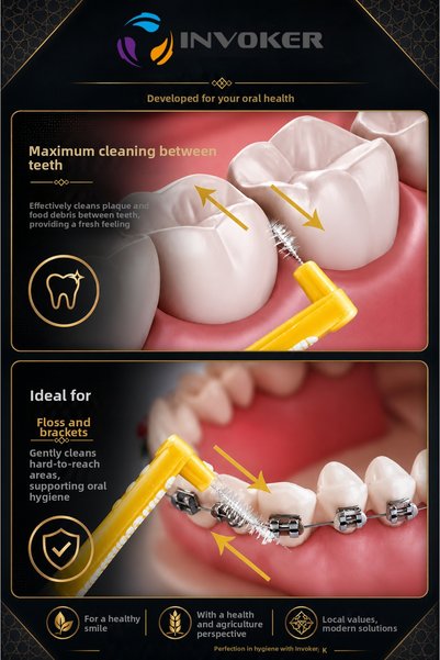 INVOKER Interface Brush Dental Interdental Brush Cleaning Brush between Teeth and Braces 0.7mm Yellow 6 Pieces Short Handle Drop Model