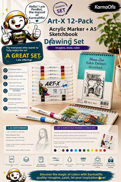 KarmaOfis Art-X 12-Pack Acrylic Marker and A5 90 Gr Sketchbook Drawing Set Du...