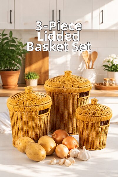 Porsima Pbt-439-2 3-Piece Wicker Basket with Lid Bamboo Basket Set Decorative...