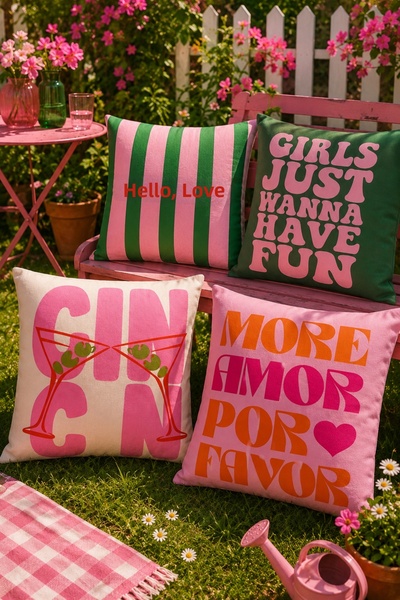 stellahomes Retro Italian Text Themed Decorative Pillowcase Set Pink Green Mo...
