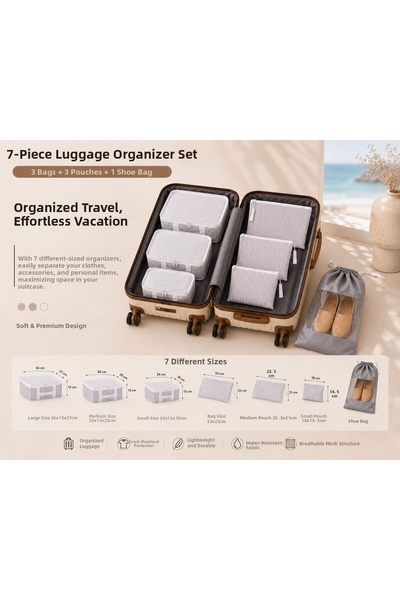 Pixue 7-Piece Suitcase Organizer Set, Striped Mesh Travel Organizer, 3 Differ...