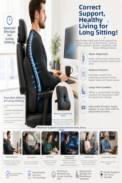 VISCORA Posture Support Aircore Ergonomic Lumbar Waist Support Cushion Black