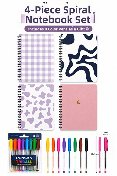 TOMBİ-X 4 Pieces A5 Spiral Notebook Set Pastel Design 8 Colors with Pensan Tr...