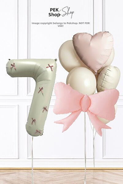 PEKSHOP 7 Year Old Pink Bow Ribbon Decorated Bow Theme Birthday Balloon Set 271