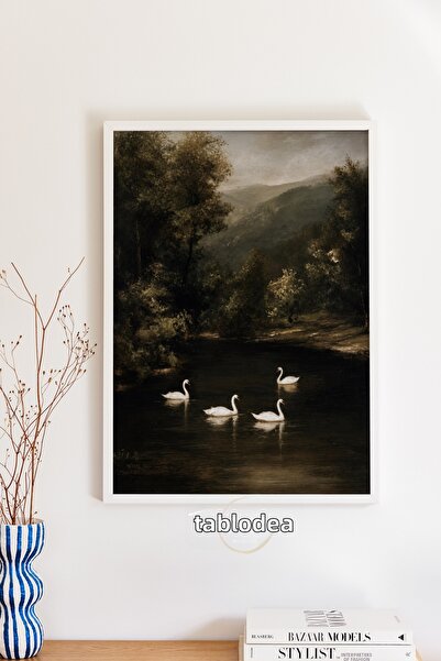 tablodea Pictură vintage cu lebădă, cu vedere la lac, pictură decorativă de p...