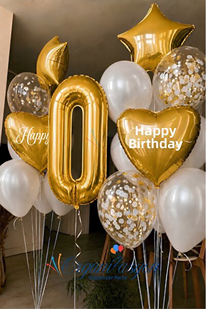 Organizasyon Pazarı Gold Number 0 Age Balloon Set Gold Heart Star Confetti | ...
