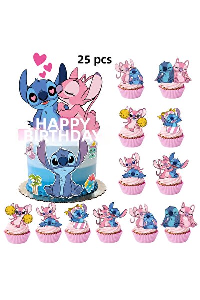 Markasız ucuz Stitch and Angel Themed 25-Piece Cake and Cupcake Decoration Se...