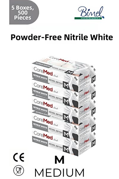 COREMED Nitrile White Examination Gloves m - 5 Packs of 100 Pieces