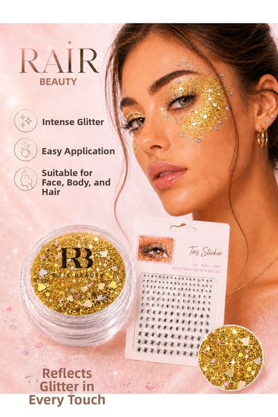 RAİR BEAUTY جل جليتر فار جيل للعيون باللون الأصفر ومجموعة أحجار الزينة