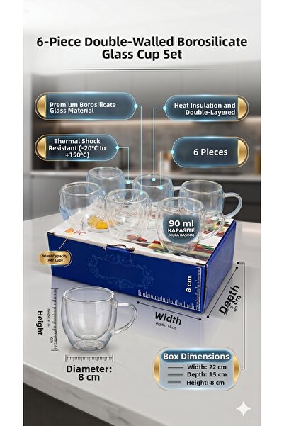 RİVO HOME DECOR Rayan Set of 6 Double Walled Borosilicate Glass Mugs 90 ml