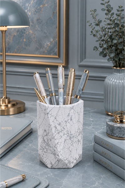 betonmall Silver Patterned Concrete Decorative Pen Holder – Stylish Modern De...