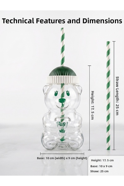 Milea Teddy Bear Model Durable Thick Glass with Straw Barista Cold Drink Coffee and Cocktail Glass 550 ml