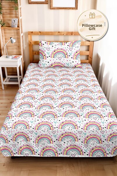 Evimde Bambaşka Rainbow Patterned Pink Girls' Pique Set - Heart Motif Baby Ro...