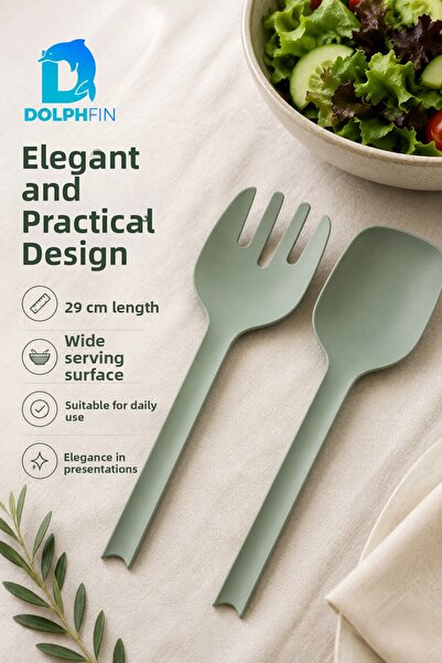 DolphFin Salad Spoon and Fork Set of 2 Large Size 29 cm Green Plastic Serving...