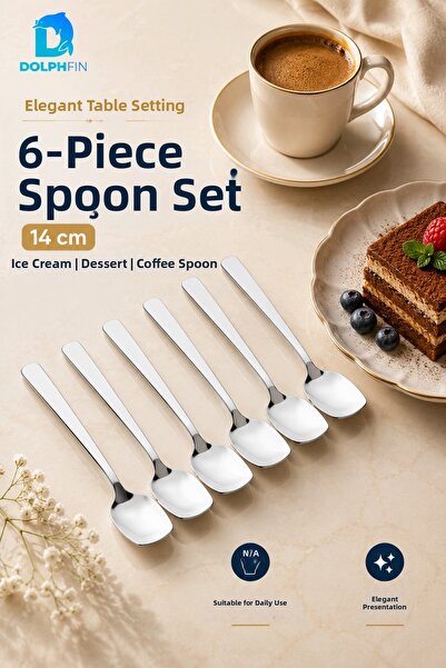 DolphFin Set of 6 14 cm Stainless Steel Dessert Spoons Ice Cream Coffee Spoons