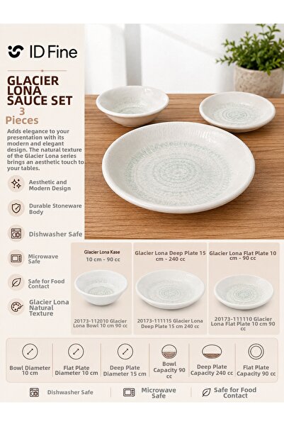 İD FİNE Glacier Lona Sauce Set 3 Piece Stoneware Bowl Deep Plate Flat Plate S...