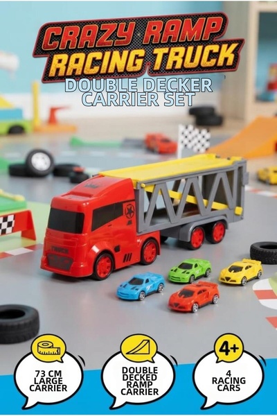 Tıfıl Toys Double-Deck Ramp Carrier Truck 73 cm 2-Story and 4-Piece Sports Ca...