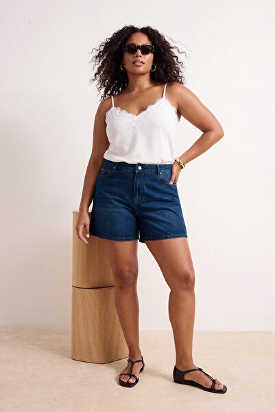 Trendyol Curve Σκούρο μπλε σορτς με ψηλή ελαστική μέση City Boy 100% Βαμβάκι ...