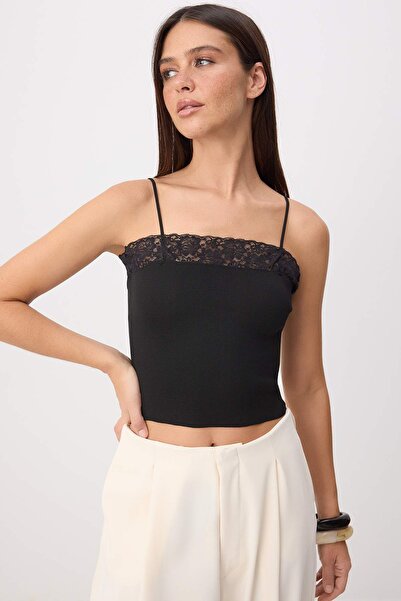 Trendyol Collection Black Lace Detailed Strappy Knitwear Blouse Twoss26Bz00898
