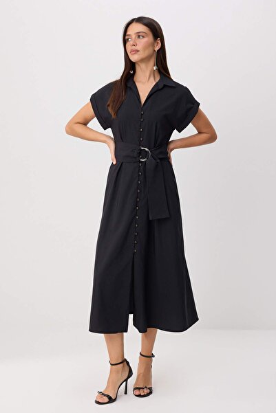 Trendyol Collection Rochie neagră, simplă, midi, țesută TWOSS26EL00804