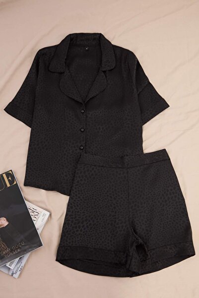 Trendyol Collection Set de pijamale negre din satin cu imprimeu animal THMSS2...