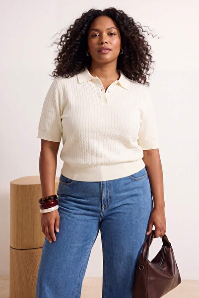 Trendyol Curve Ecru Hair Braided Polo Neck Thin Summer Knitwear Blouse Tbbss2...