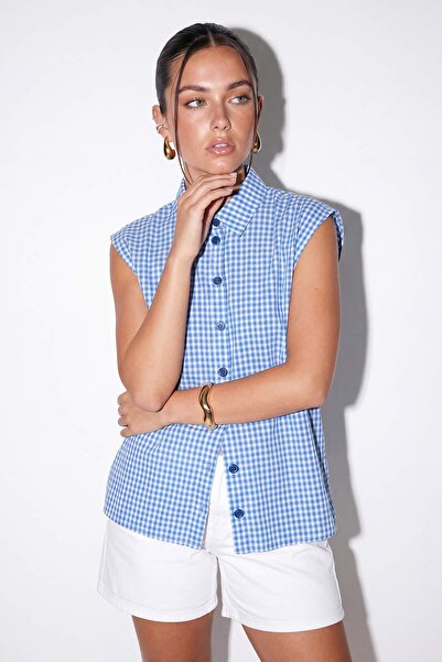 Drop by TrendyolMilla Plava košulja bez rukava sa kariranim uzorkom TDRSS26GO...