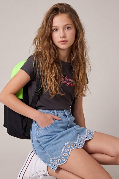 TRENDYOLKIDS Tricou tricotat pentru fete, antracit, 100% bumbac, cu decolteu ...