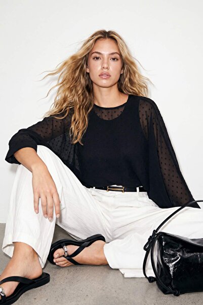Drop by TrendyolMilla Black Batwing Sleeve Cape Chiffon Transparent Blouse Td...
