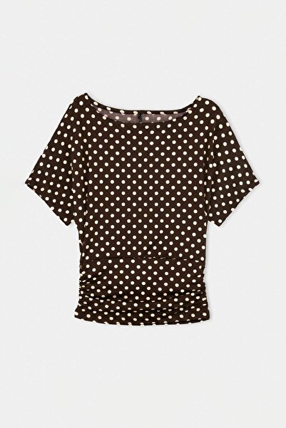 Trendyol Collection Brown Polka Dot Fitted Asymmetrical Short Sleeve Stretch ...