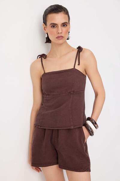 Trendyol Collection Brown Tencel Blended Strappy Crop Denim Blouse Twoss26Bz0...