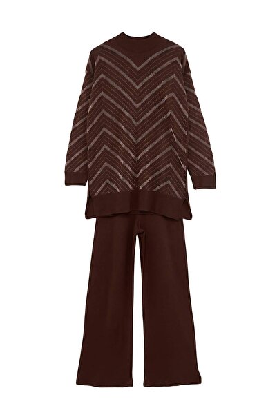 Trendyol Modest Brown Glittery Knitwear Sweater Pants Bottom-Top Set Tctaw25U...