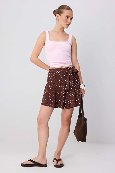 Trendyol Collection Dark Brown Polka Dot Skirt Look High Waist Mini Knitted S...