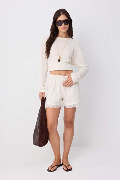 Trendyol Collection Beige Melange Plain Lace Detailed Regular Waist Tubular L...
